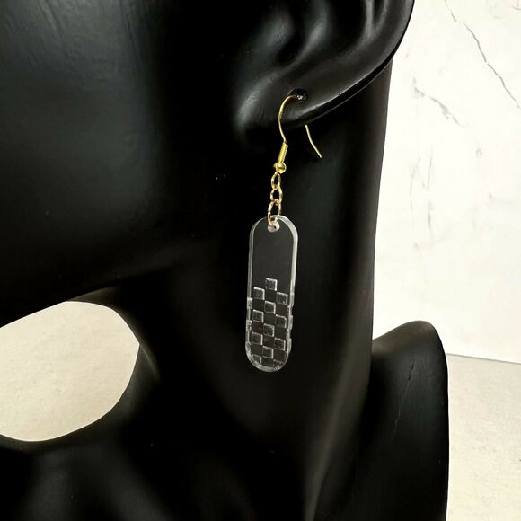 Black Checkerboard Engraved Acrylic Dangle Earrings - Picture 3 of 5